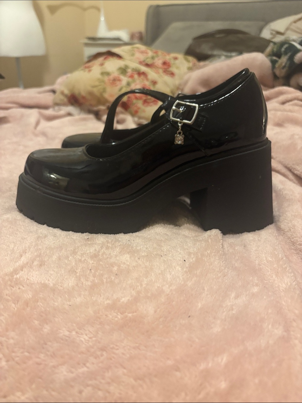 Soda Black Patent Platform Mary Jane Heels